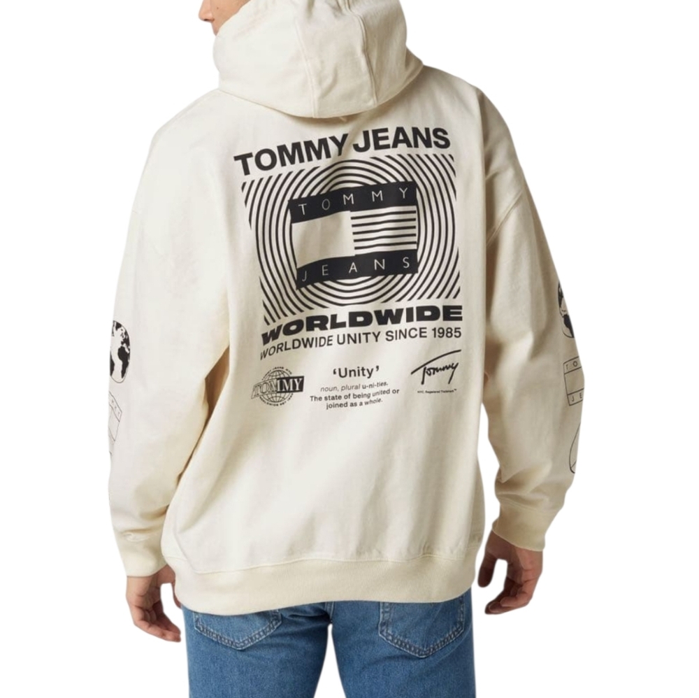 Tommy Jeans Global Unites Logo Relaxed Fit Cotton Hoodie Off White Size Medium